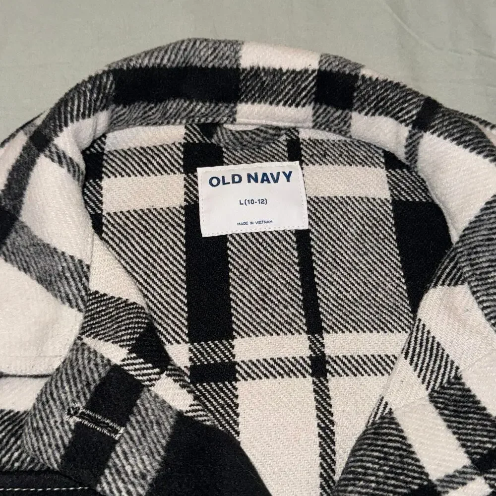 Old‎ Navy Plaid Textured Shacket for Girls Size Large (10/12) Black & White